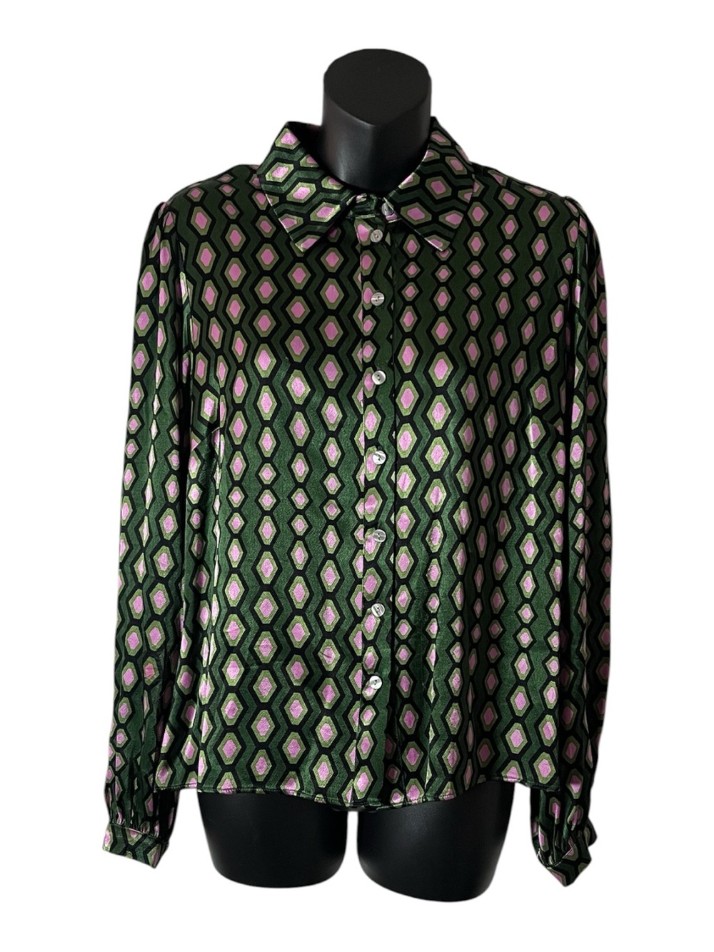 Oliver Bonas Green& Pink Geometric Print Button-Up Blouse Sz S or 8